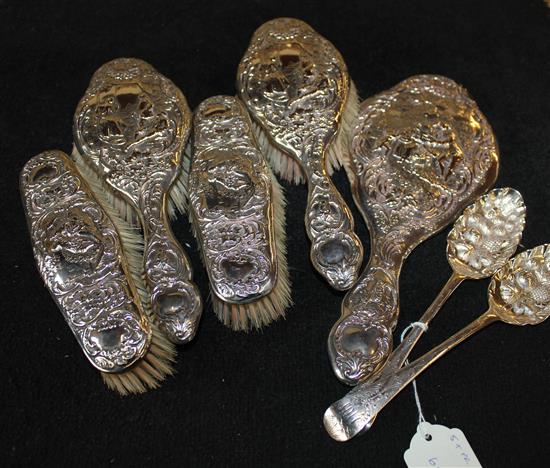 Victorian 5-pce embossed silver-mounted dressing table set & pair Georgian silver berry spoons, later embossed